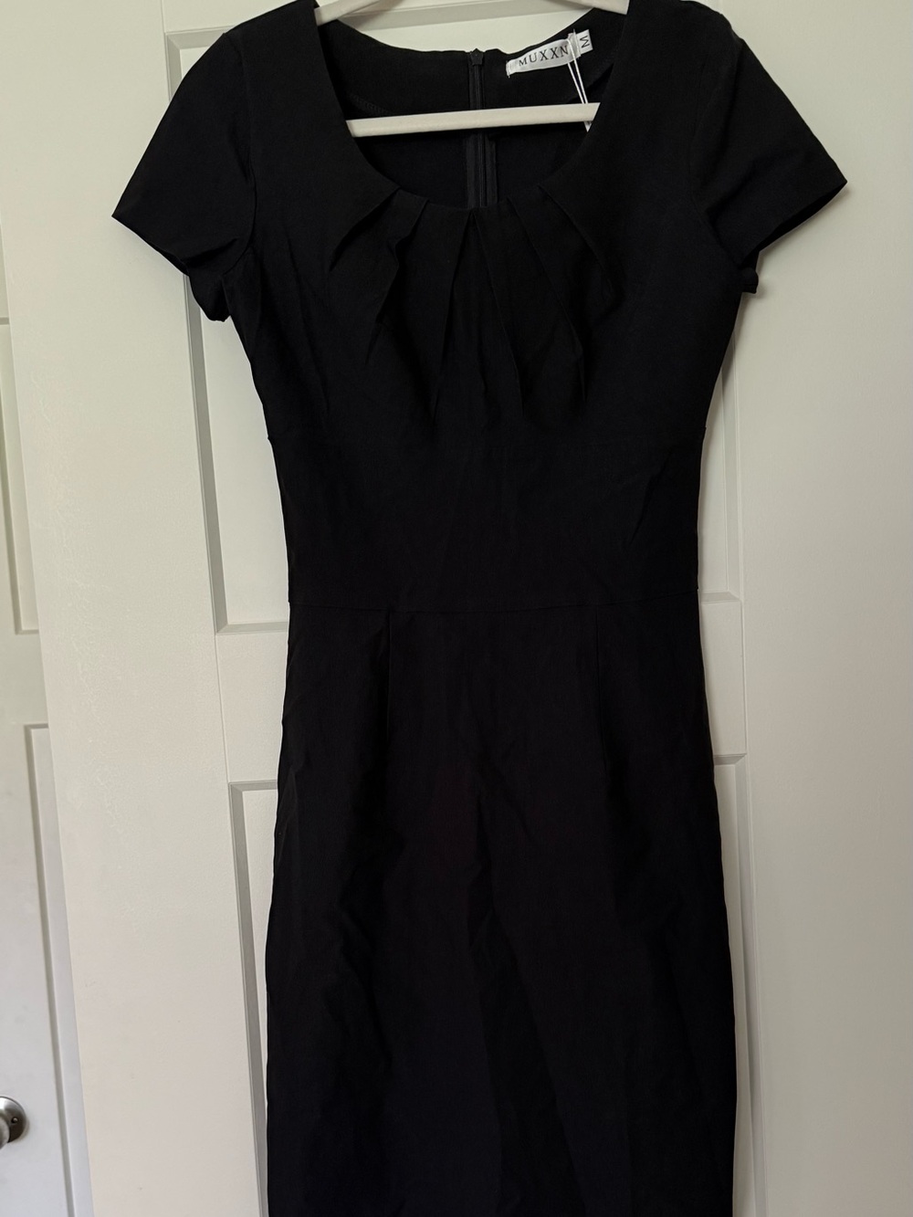 MOXXI Black Midi Sheath Dress with Pleated Scoop Neck